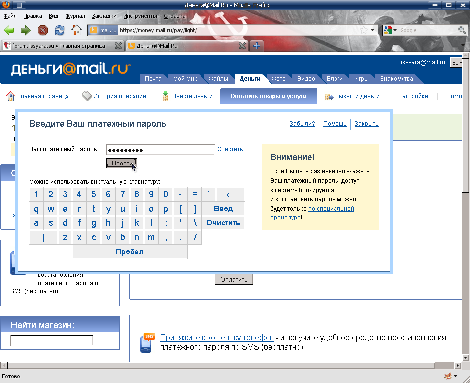 ввод платёжного пароля от money.mail.ru