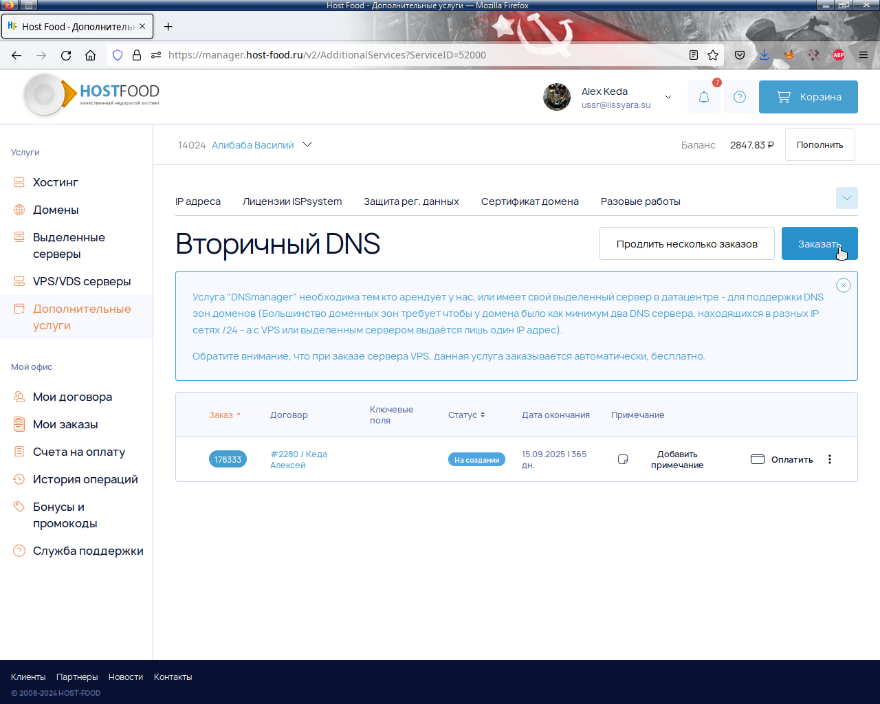 Заказ услуи по управлению доменной зоной ДНС / DNS