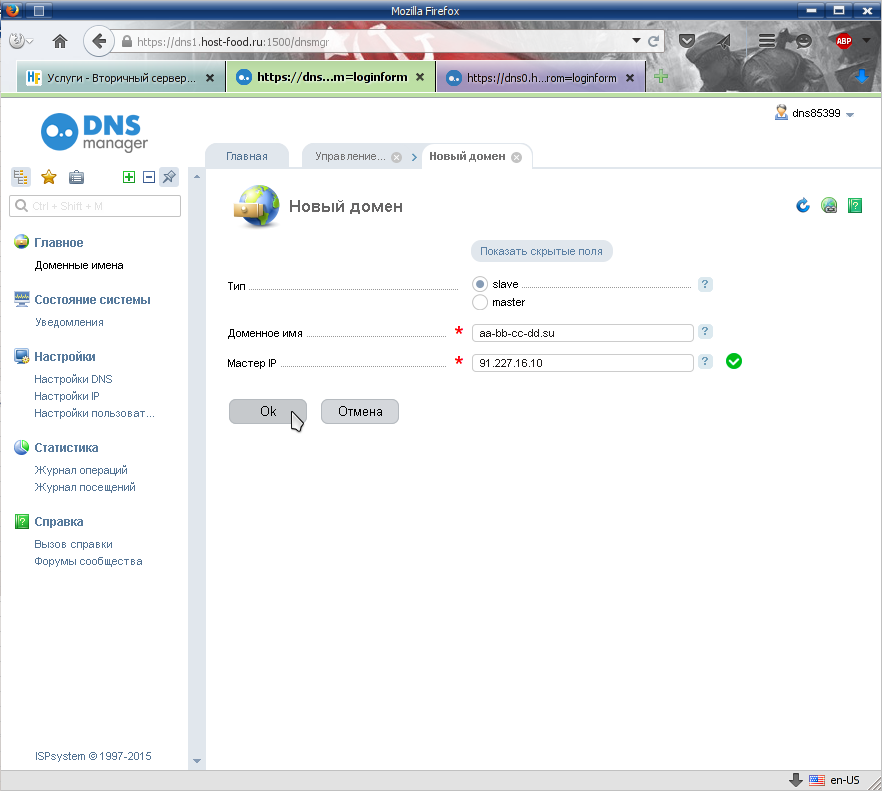 Прописываем тип доменной зоны, имя домена и IP адрес master DNS сервера