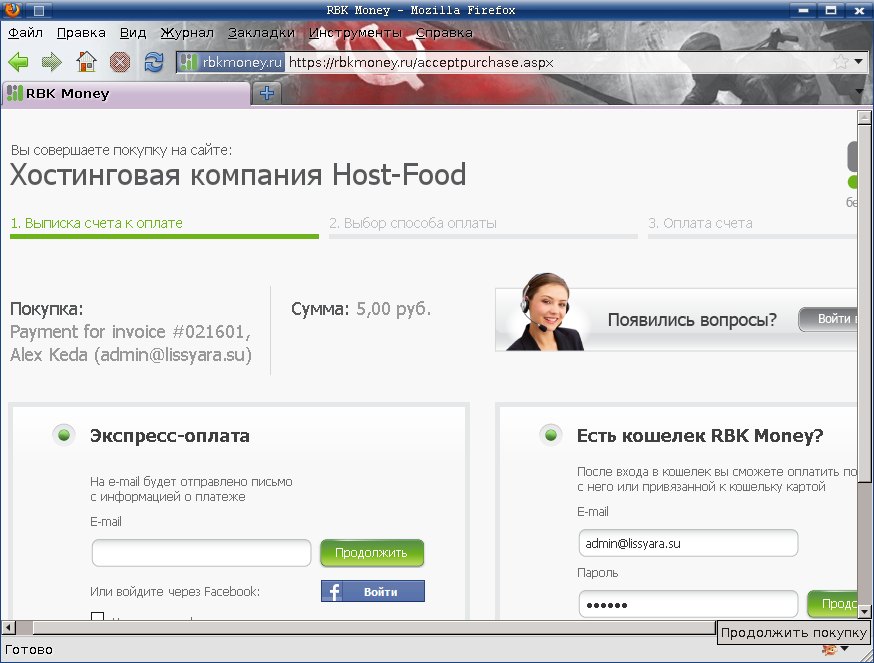 оплата счёта на сайте RBKmoney