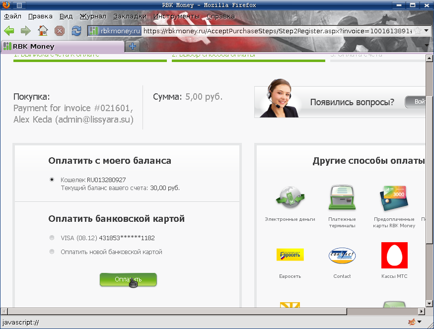 выбор способа оплаты, через RBKMoney