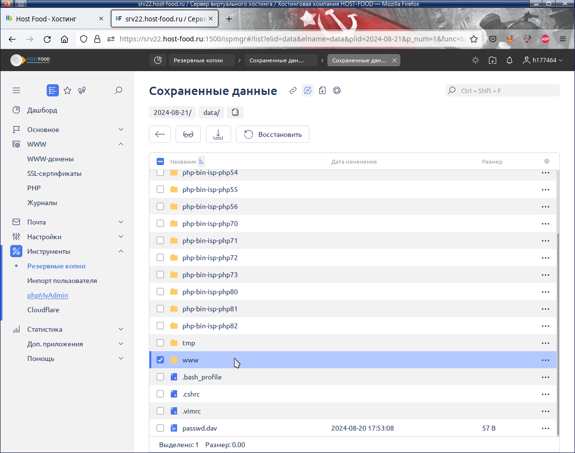 восстанавливаем ye;ye. ,fpe данных из резервной копии через панель управления хостингом