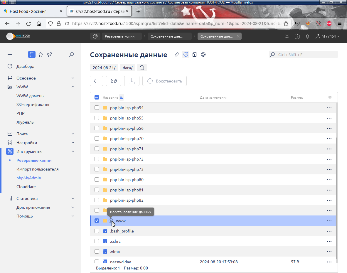 востанавливаем всю учётную запись хостинга на нужный момент времени, пользуясь архивом в панели упарвления хостингом